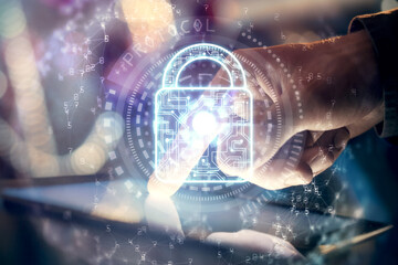 Multi exposure of man's hands holding and using a digital device and lock drawing. Security concept.