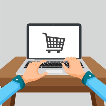 Online shopping concept with person and laptop. Shopping cart on the screen for online purchase. illustration