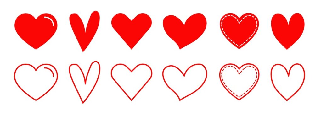 Design red heart shapes icons set. Simple illustration of 14 hearts for love day or valentine day. illustration