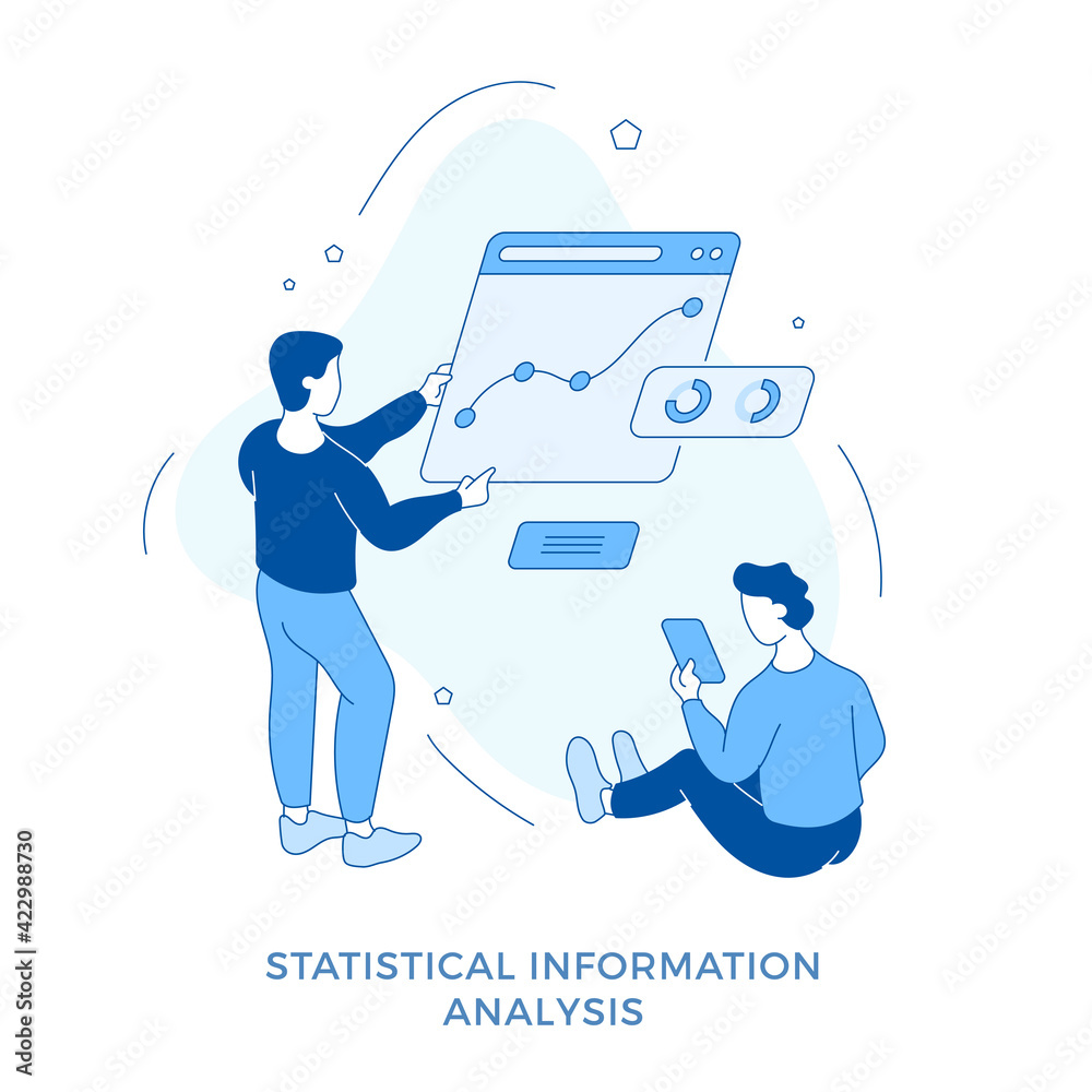 Poster linear flat statistical data analysis concept vector illustration. male cartoon characters working t