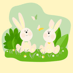 Obraz na płótnie Canvas Two cute Easter bunnies. Vector illustration