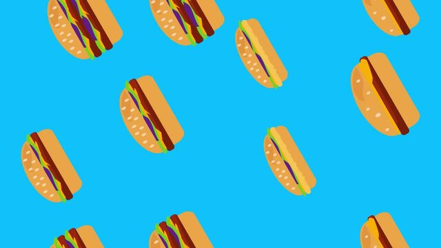 Animation of burgers group, flat design, blue screen chroma key