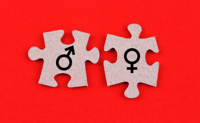 Two pieces of a puzzle with the signs of men and women on a red background. Concept of rapprochement between woman and man