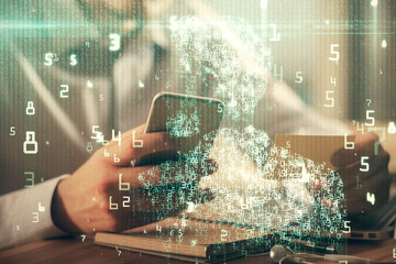 Multi exposure of man's hands holding and using a digital device and data theme drawing. Innovation concept.