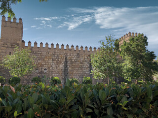 Vista de la muralla del Alcázar de Sevilla rodeada de naturaleza