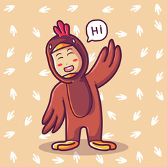 kid in chicken costume say hi. vector illustration