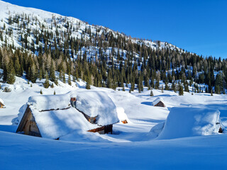 Mountain pasture Dedno polje in winter time, sunny day