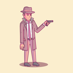 Detective cartoon illustration. the detective had a gun