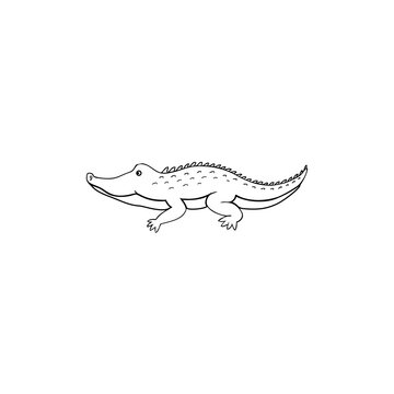Cute cartoon little outline crocodile isolated on white background, Vector doodle Illustration, wild animal, Character design for baby shower, greeting card, children invite, creation of alphabet