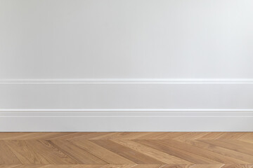 Fragment of classic white interior with wooden french herringbone parquet floor and installed wall panels, decorated with moldings and skirting boards. Final stage of finishing works in the apartment