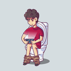 Boy is playing cell phone while defecating. Cartoon illustration