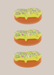 Three 3 donut with illuminating yellow sugar glaze and colorful pastry sprinkles isolated on beige vertical background. Sweet doughnut. Copy space. Food Banner. 3D Rendering illustration. Ad Template
