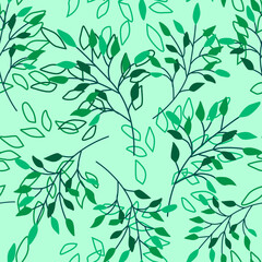 Abstract foliage with leaves outlines and twigs on pastel green seamless vector pattern EPS10