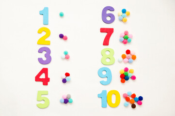 Digits and Pom Poms. Numbers and dots. Counting game for early education. Preschool exercise for kids. Sequence from 1 to 10.