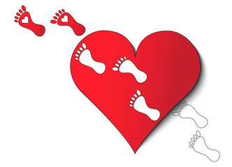 Love concept vector graphic with red heart and footmarks. Creative heart design to use for wedding cards, invitations, love, passion and valentines day projects. 