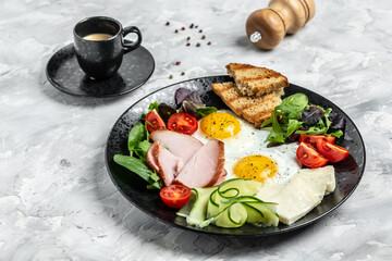 English breakfast toast, egg, bacon and coffee. banner, menu recipe place for text, top view