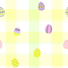 Spring cute white pattern with egg. Happy easter seamless background. Textiles for children in a yellow cage. Digital paper scrapbook.
