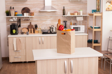 Paper bag filled with groceries on kitchen table top. Fresh and healthy lifestyle