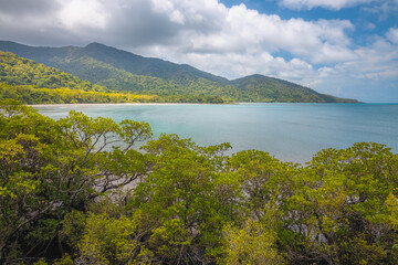 Landscape view of Cape Tribulation in the tropical Daintree Rainforest on the Coral Sea in Queensland, Australia on a sunny summer day.