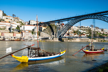 Fototapeta na wymiar Porto, Portugal Old city skyline from across the Douro river on a Sunny warm day