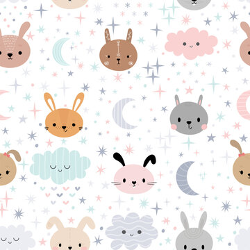 Cute seamless pattern for kids with cartoon little bunnies. Children background with moon, stars and clouds. Lovely animals
