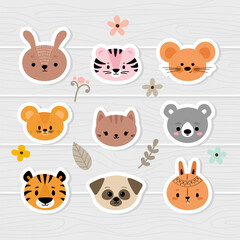 Set of cartoon stickers with animals for kids. Cute hand drawn characters. Sweet baby faces