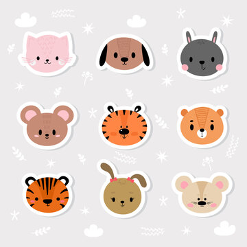 Set of cartoon stickers with animals for kids. Cute hand drawn characters. Sweet smiley faces