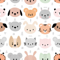 Tribal seamless pattern with cute smiley animal faces. Creative background for fabric, nursery, textile, clothes. Scandinavian style