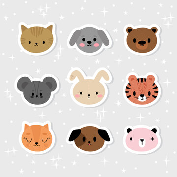 Set of cartoon stickers with animals for kids. Sweet smiley faces. Cute hand drawn characters