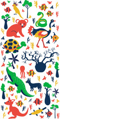 Vertical decorative frame with Australian wild animals and colorful tree, vector cartoon illustration, travel background with mammal, koala, kakadu, snake, kangaroo, crocodile for design template