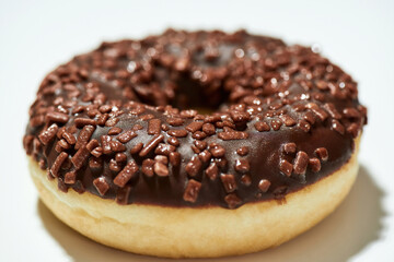 Sugar addiction. Close up shot of a freshly baked delicious chocolate donut with sprinkles on white background