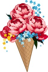 Pink peony flower in a waffle horn on a white background, Flowers for design.