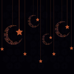 Ramadan and eid mubarak greeting card beautiful hanging moon ad star background and texture vector illustration design