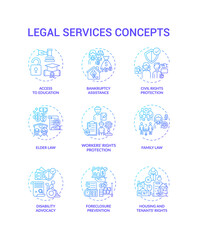 Legal services concept icons set. Access to education system. Business bankruptcy assistance. Civil rights protection idea thin line RGB color illustrations. Vector isolated outline drawings