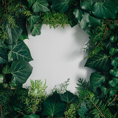 Creative layout made of green spring or summer leaves with copy space. Minimal flat lay background. Nature concept.