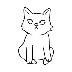 Black line Cute Cat sit on white silhouette. Hand drawn cartoon style. Doodle for coloring, decoration or any design. Vector illustration of kid art.