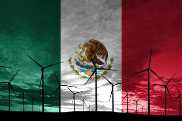 Mexico flag wind farm at sunset, sustainable development, renewable energy