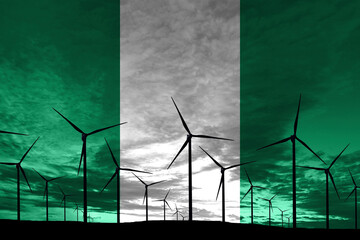 Nigeria flag wind farm at sunset, sustainable development, renewable energy
