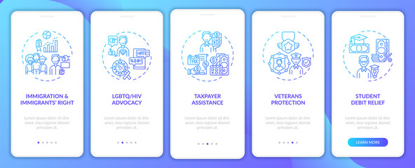 Legal services types onboarding mobile app page screen with concepts. Veterans protection walkthrough 5 steps graphic instructions. UI, UX, GUI vector template with linear color illustrations