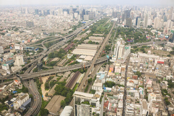 BANGKOK, THAILAND - SEPTEMBER 8, 2020 : Aerial view of Bangkok with many modern buildings. Cityscape concept.