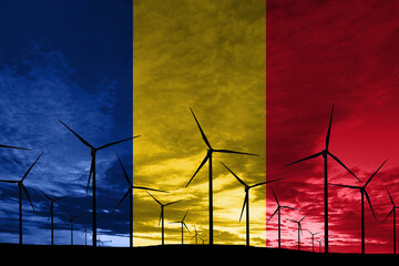 Romania flag wind farm at sunset, sustainable development, renewable energy © allexxandarx