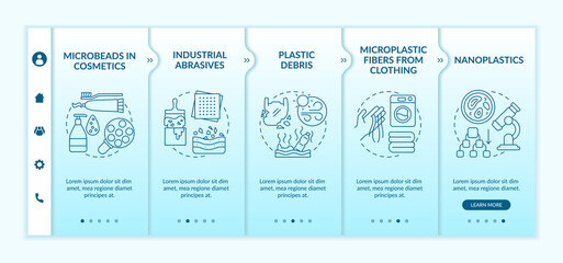 Microplastics types onboarding vector template. Responsive mobile website with icons. Web page walkthrough 5 step screens. Microplastic fibers from clothing color concept with linear illustrations