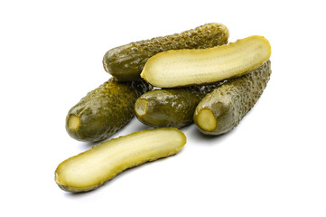 Fresh pickled or fermented cucumbers isolated on white background. Home preservation