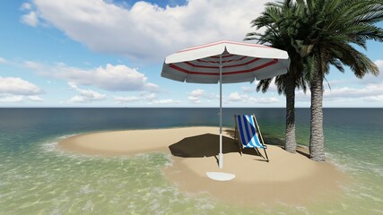  chair under an umbrella at the beach by sunny day and two palm tree - 3D render