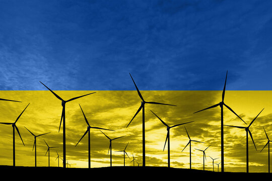 Ukraine flag wind farm at sunset, sustainable development, renewable energy