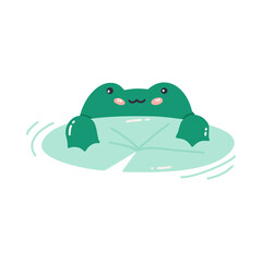 Vector illustration of a green frog on a water lily. Cute cartoon toad. Frog isolated on a white background