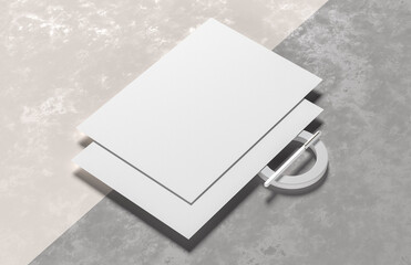 A4 size white paper mock up isolated on soft background. Blank portrait A4 mock up. 3D illustration.