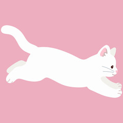 Simple and adorable white cat jumping in side view flat colored