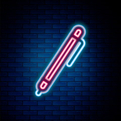 Glowing neon line Pen line icon isolated on brick wall background. Colorful outline concept. Vector