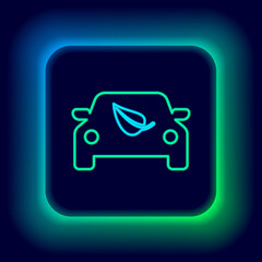 Fototapeta premium Glowing neon line Eco car concept drive with leaf icon isolated on black background. Green energy car symbol. Colorful outline concept. Vector